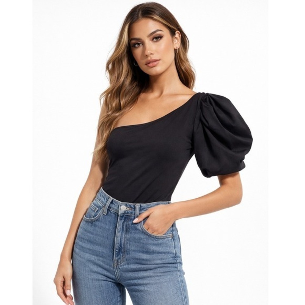 Intimately Free People‎ Black Puff Sleeve One-Shoulder Bodysuit Size M